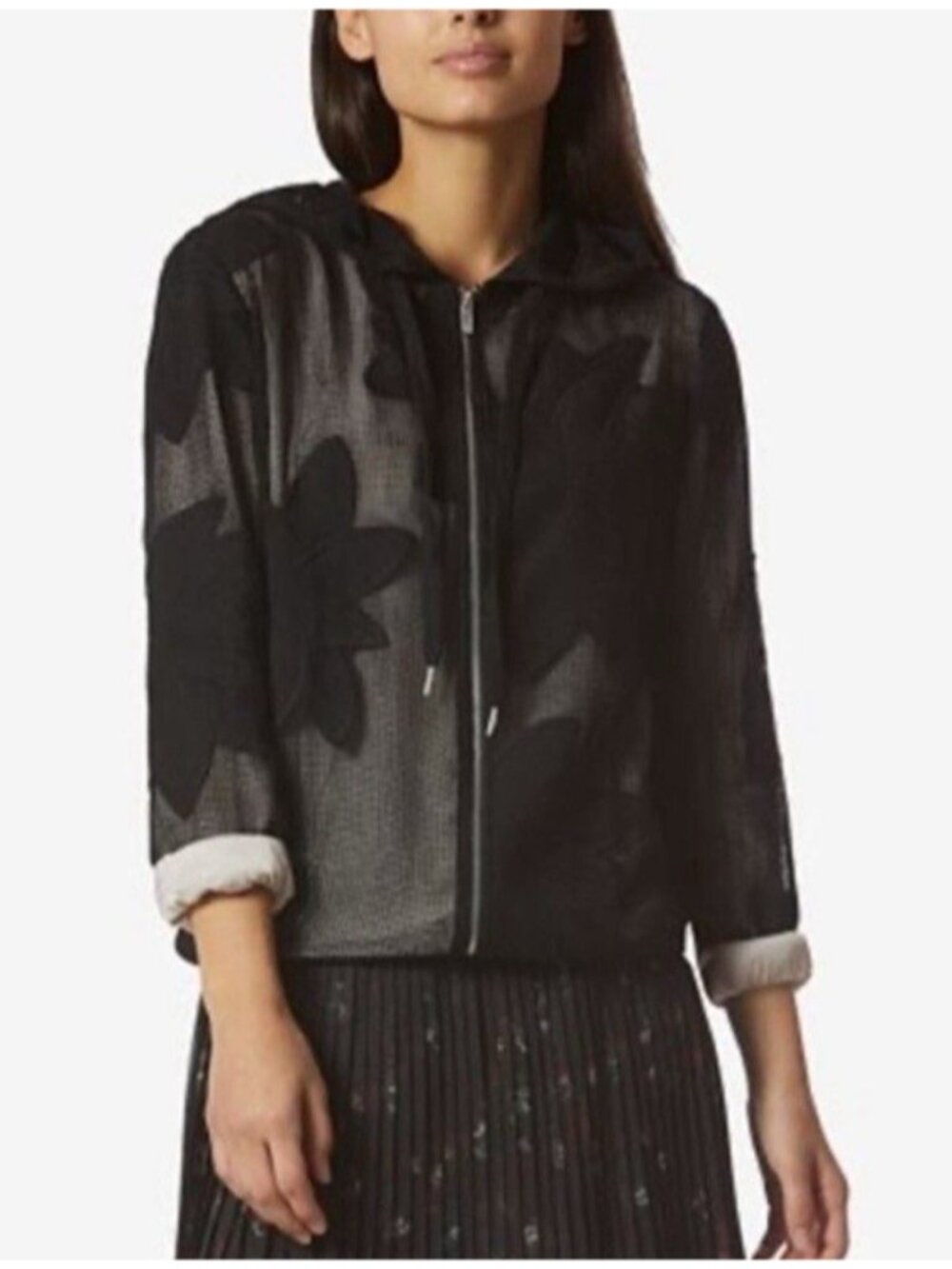 Anthropologie AVEC LES FILLES Floral Mesh Hoodie Black Blush Embroidery Sz XS